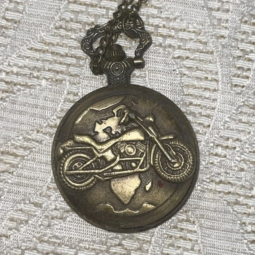 Vintage Bronze Motorcycle Quartz Pocket Watch with chain